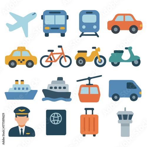 Diverse Transportation Icons: A vibrant collection of transportation icons, illustrating various modes of travel and conveying the essence of movement and journey.