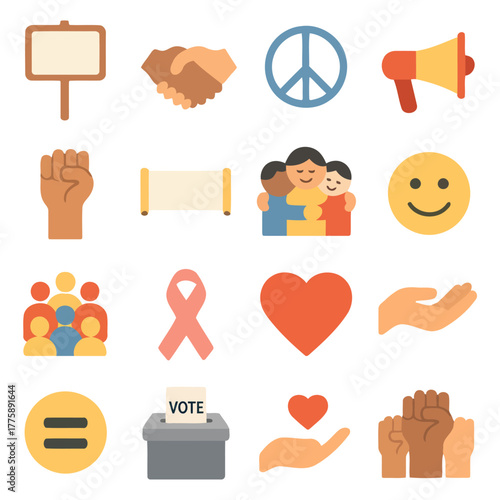 Symbols of Unity: A vibrant collection of graphic icons, including a blank sign, handshake, peace symbol, megaphone, raised fist, banner, embracing figures, smiling face, group of people, pink ribbon.