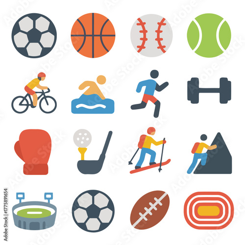 Diverse Sports Icon Set: A vibrant collection of sports icons, offering a visual encyclopedia of various sports, from soccer to swimming, capturing the spirit of competition and athletic activity.