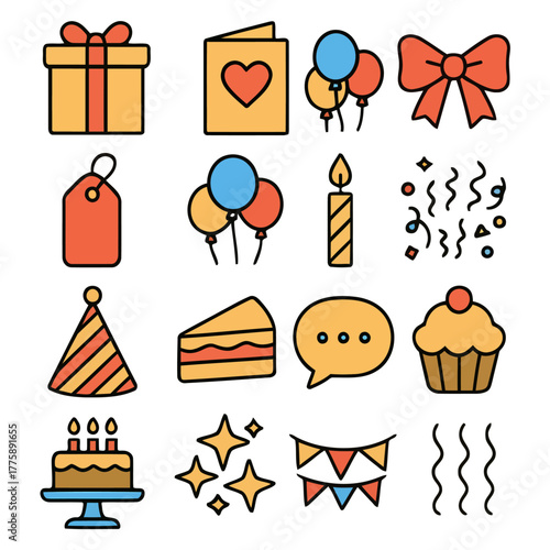 Celebration Icons: A vibrant assortment of icons capturing the essence of jubilation, featuring a gift box, balloons, greeting card, cupcake, birthday cake, and more, perfect for festive designs.