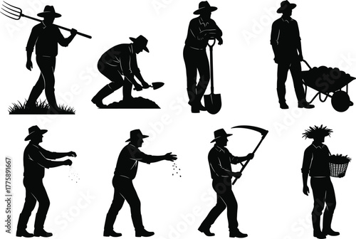 Silhouette collection of male farmers planting seeds, harvesting crops, and working with tools, agriculture worker vector illustration, rural farming lifestyle, black outline design