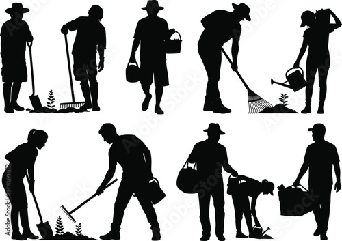 Silhouette collection of people gardening, digging soil, watering plants, and carrying tools, agriculture worker vector illustration, farming lifestyle concept, organic gardening design