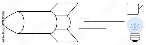 Rocket moving forward with speed lines, lightbulb for idea, and camera. Ideal for innovation, creativity, technology, progress, startups inspiration vision. Simple flat metaphor