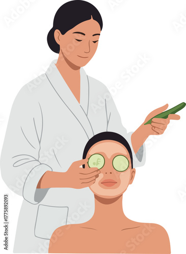Spa Facial Treatment Woman Applying Cucumber Slices and Mask Relaxation