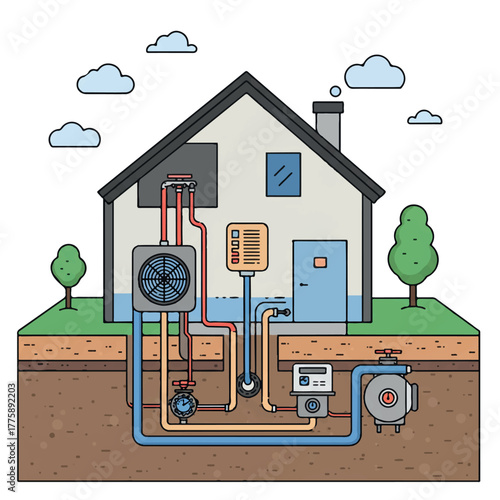 A 2D flat vector illustration shows a cutaway view of a modern sustainable home utilizing an indoor geothermal heat pump and underground piping for clean energy heating and cooling.