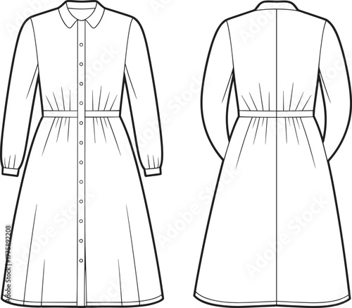 PrintClassic collared shirt dress technical flat sketch, button down long sleeve dress design, front and back view fashion template illustration