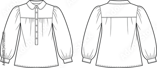 PrintClassic long sleeve blouse sketch, elegant women’s shirt design, front and back technical fashion drawing, stylish apparel flat template illustration