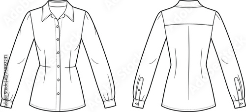 PrintClassic women button-up shirt fashion flat sketch, long sleeve blouse technical drawing, elegant shirt front and back clothing design illustration.