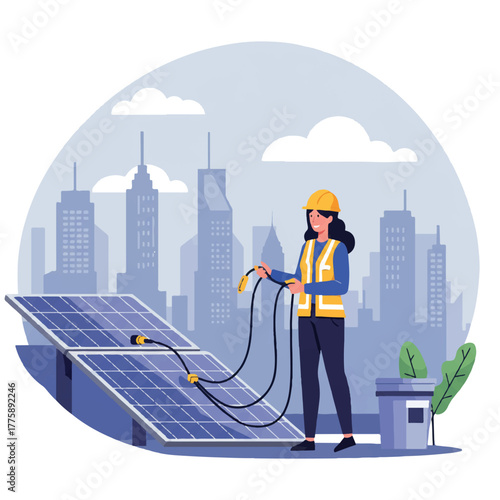 Skilled female engineer installs photovoltaic solar panel wiring on a rooftop, overlooking a sustainable city skyline in this vibrant 2D flat vector illustration.