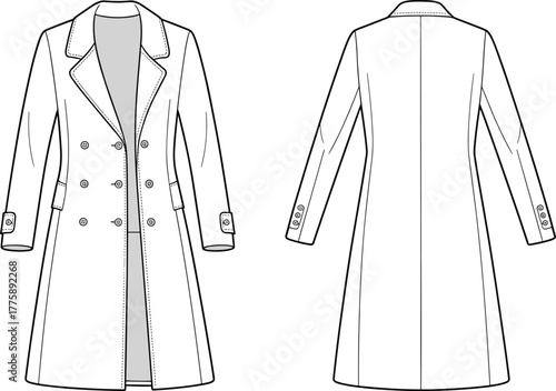 Double breasted long coat technical flat sketch, elegant trench coat design with collar, front and back view fashion template illustration