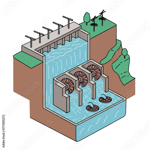 A vibrant 2D flat vector diagram illustrates the stylized cross-section of a hydroelectric dam, detailing how moving water flows through turbines to generate sustainable renewable energy.