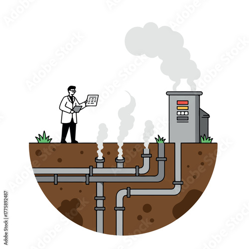 Sustainable geothermal energy plant operation, monitored by a scientist, shown in a clean 2D flat vector illustration with vibrant colors and steam rising from subterranean pipes.