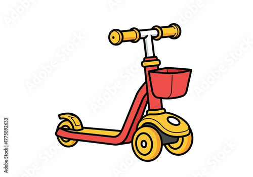 Cartoon Scooter with Basket Red and Yellow Design.