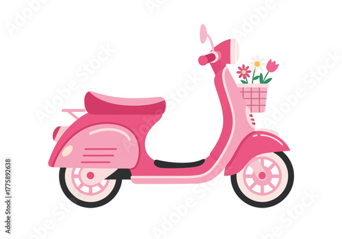 Pink Scooter with Flower Basket Cute Transportation Illustration.