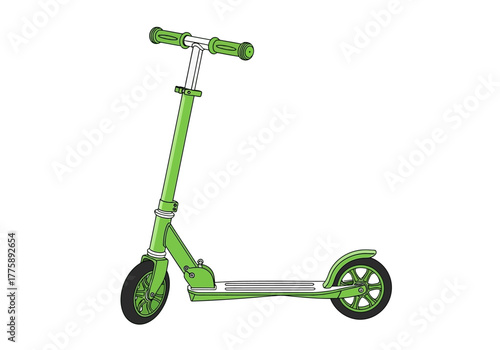 Green Kick Scooter Illustration with Black Wheels and Silver Handlebar.
