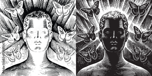 Embrace transformation with this stunning illustration of duality and metamorphosis featuring a face surrounded by butterflies in contrasting light and dark