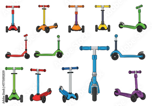 Collection of Colorful Childrens Scooters in Various Styles and Colors.