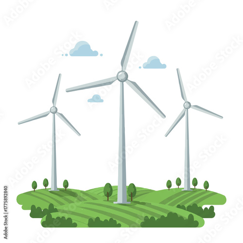 Three stylized wind turbines generating clean electricity are rotating atop lush green rolling hills and small forests in a vibrant 2D flat vector illustration set against a white background.