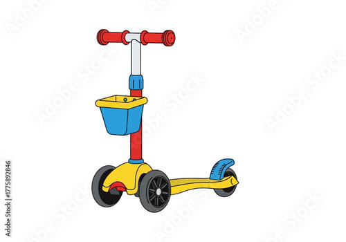Colorful Three-Wheel Scooter with Basket for Kids Illustration.