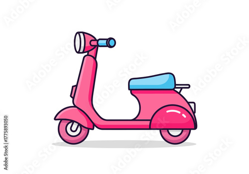 Pink Cartoon Scooter with Blue Seat and Black Outline.