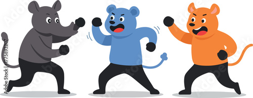 Three Cartoon Animals Fighting In Pixel Art Style