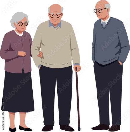 Three Elderly People Standing Together Isolated Vector Illustration