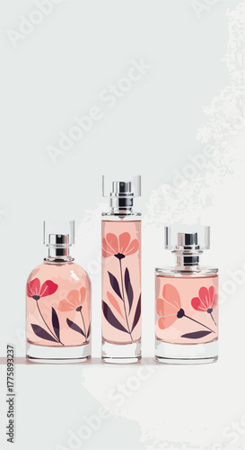 Three Pink Floral Perfume Bottles on White Minimalist Background Vector