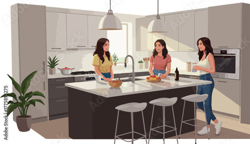 Three Women Chatting In A Modern Pixel Art Kitchen With Island