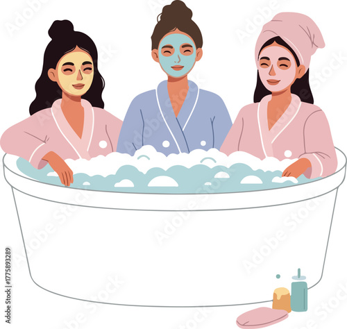 Three Women Enjoying A Relaxing Bath with Face Masks and Towels