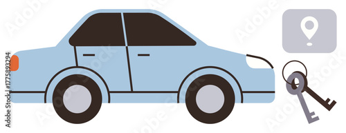 Blue car alongside a pair of keys and a location pin. Ideal for travel, automotive, navigation, logistics, safety, vehicle sharing, or rental. Clean and simple flat metaphor
