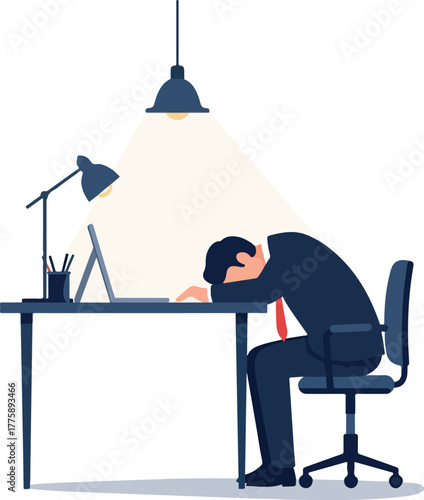 Tired Businessman Sleeping at Desk with Laptop Warm Lighting Minimalist
