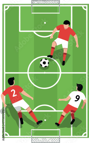 Top View Soccer Game Red Players on Green Field Minimalist Flat Style