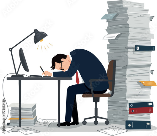 Tired Businessman Overwhelmed By Huge Stack of Paperwork at Desk