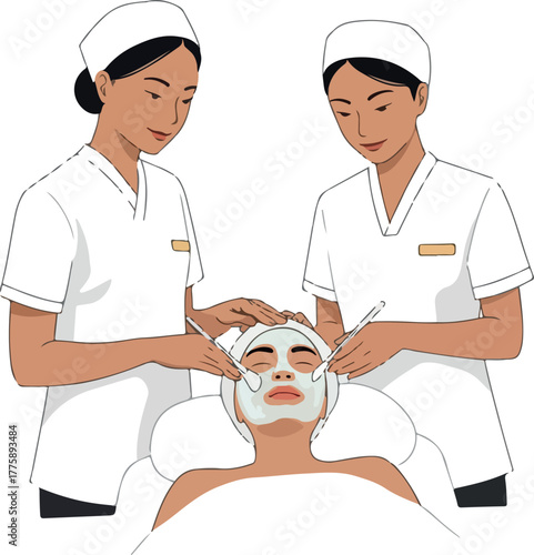 Two Beauticians Applying Facial Mask to Client in Spa