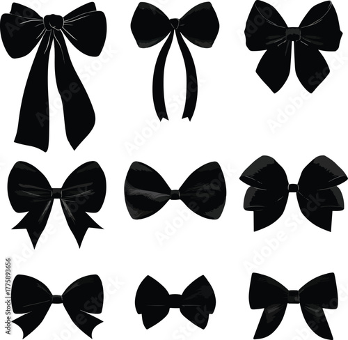 Collection of classic bow tie silhouettes in various styles isolated on white background