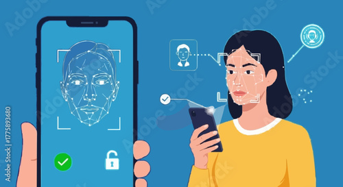 Biometric authentication security concept with face identification. Digital access control system and personal data protection 