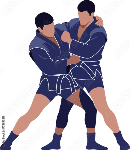 Two Men Grappling in Blue Sambo Uniforms Minimalist Vector Illustration