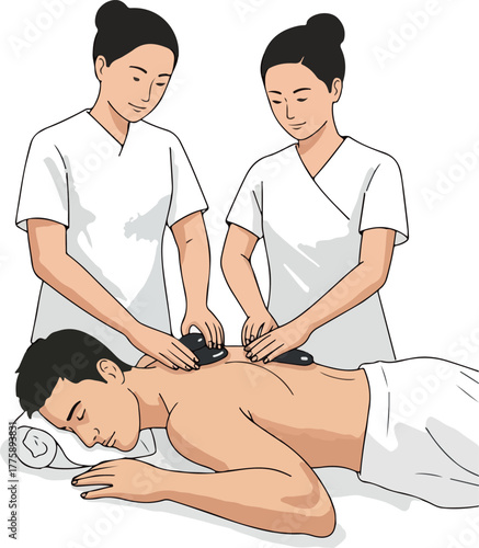 Two Masseuses Give Hot Stone Massage to Man Flat Vector Illustration