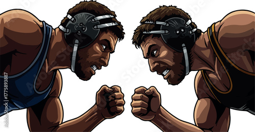 Two Pixel Art Wrestlers Confronting Intense Match Blue Yellow Singlets