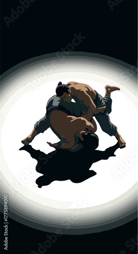 Two Sumo Wrestlers Grappling in Dramatic Spotlight with Dark Background