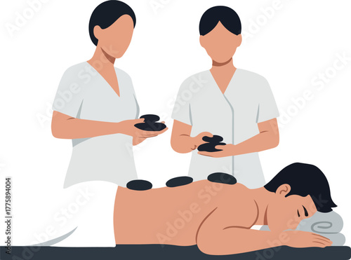 Two Therapists Give Hot Stone Massage To Relaxed Person Flat Design
