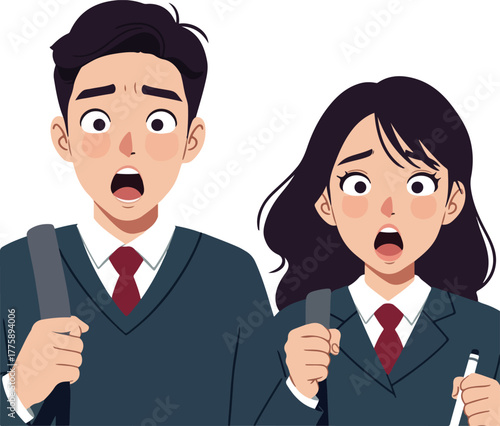 Two Teenagers In School Uniforms Looking Shocked With Open Mouths