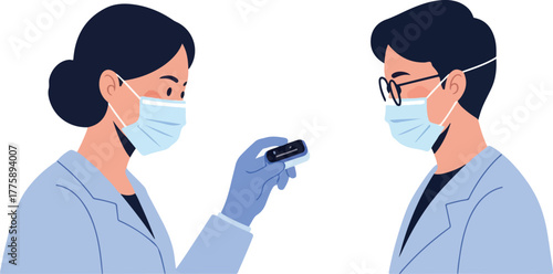 Two Scientists In Lab Coats And Masks Examining Pulse Oximeter