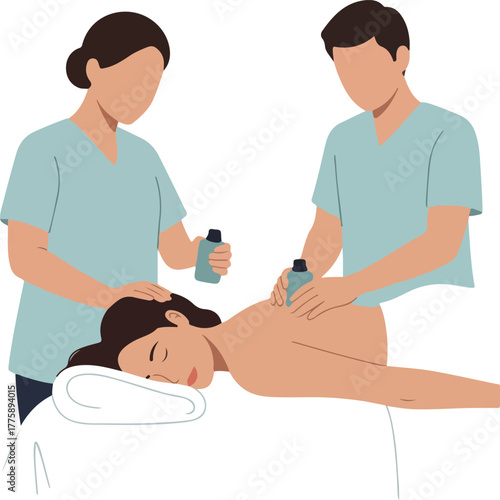 Two Therapists Give Massage To Relaxed Woman In Teal Tops