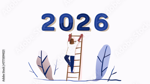 Person climbing ladder towards the year two thousand twenty six with decorative leaves on white background