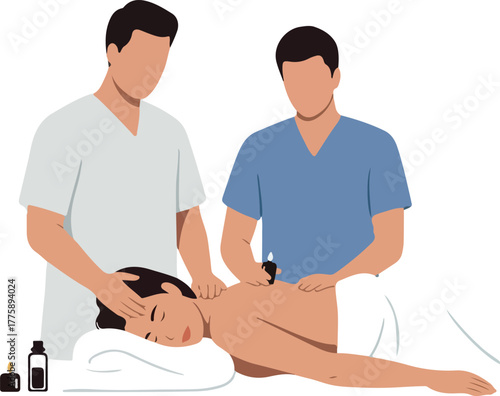 Two Therapists Give Massage And Cupping Therapy To Woman