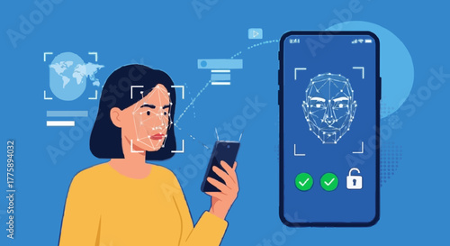 Biometric authentication security concept with face recognition.  personal data protection illustration