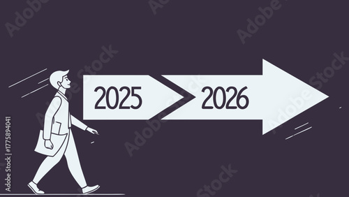 Man walking from 2025 to 2026 on an arrow representing future growth and progression forward in time