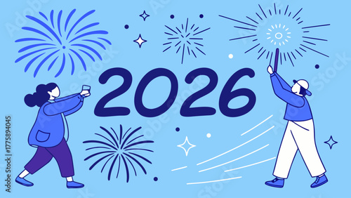 Illustration of people celebrating with fireworks and drinks for the year two thousand twenty six