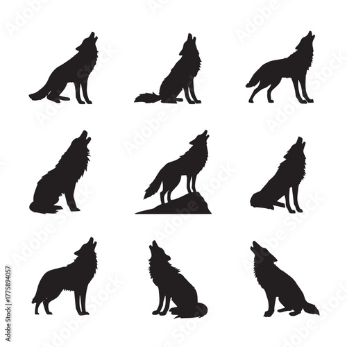 Howling coyote silhouette set isolated on white background